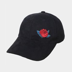 Womens Black Faux Velvet Flower Patch Adj Baseball Cap